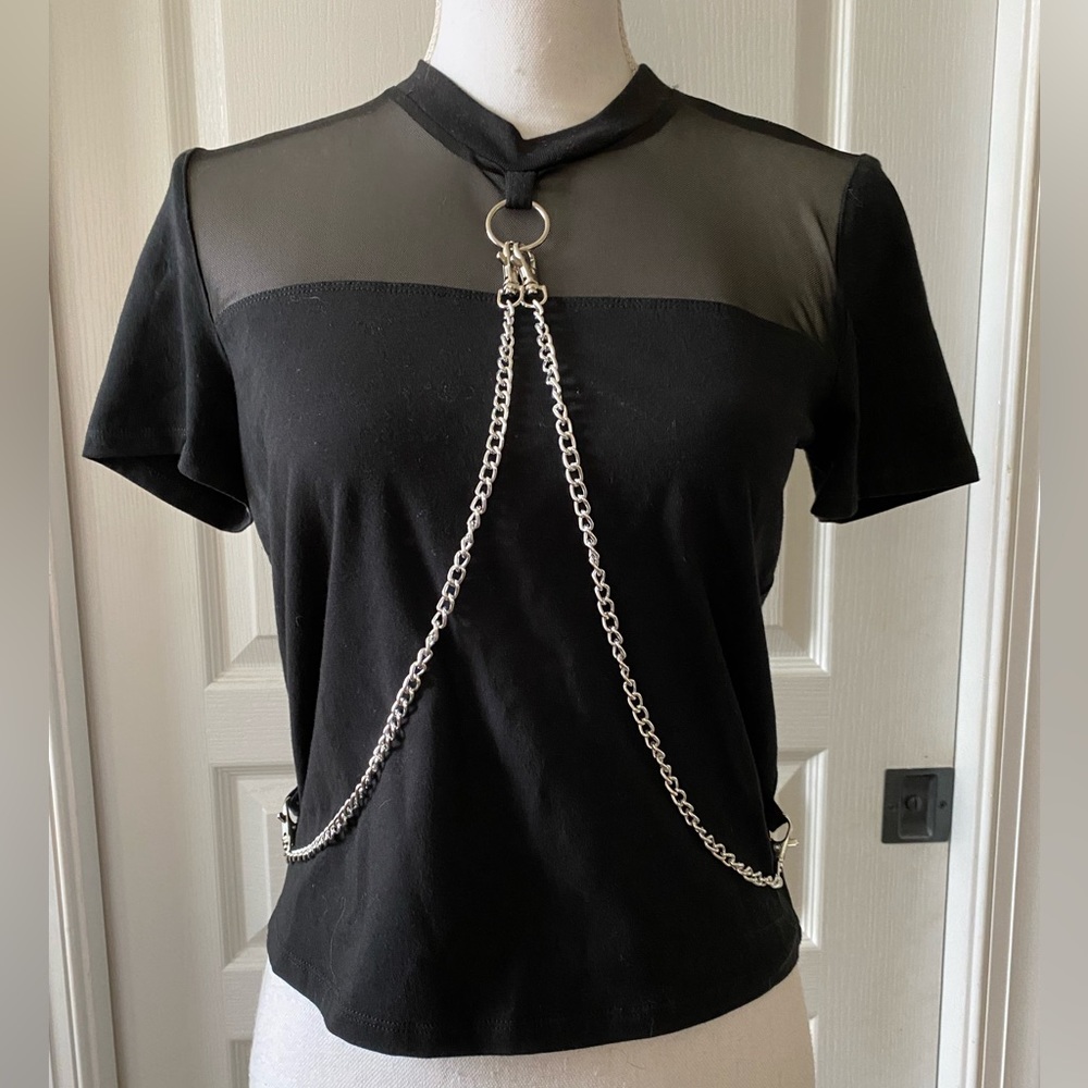 Hot Topic black mesh yoke crop top with silver colored metal chain. Size small.